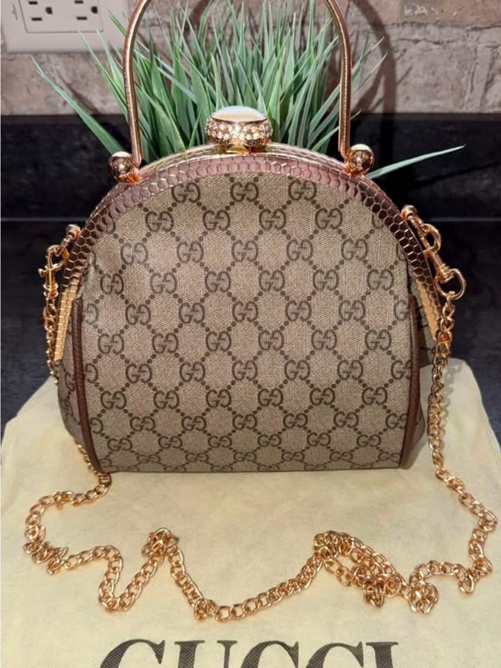 Gucci Monogram Mini Dome Top Handle Bag with Gold Chain